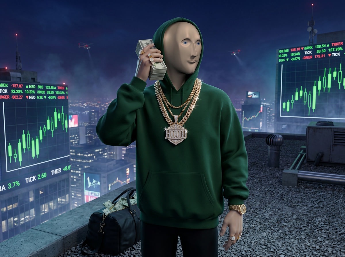 HOODSTONK on a rooftop surrounded by market charts